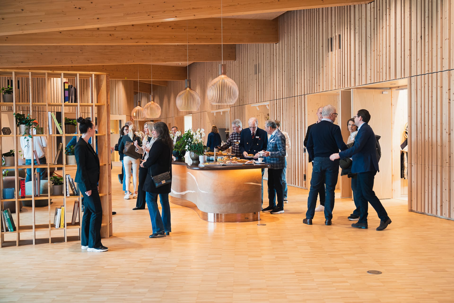 Spacious conference hall and lounge for mingling at World of Volvo in Gothenburg