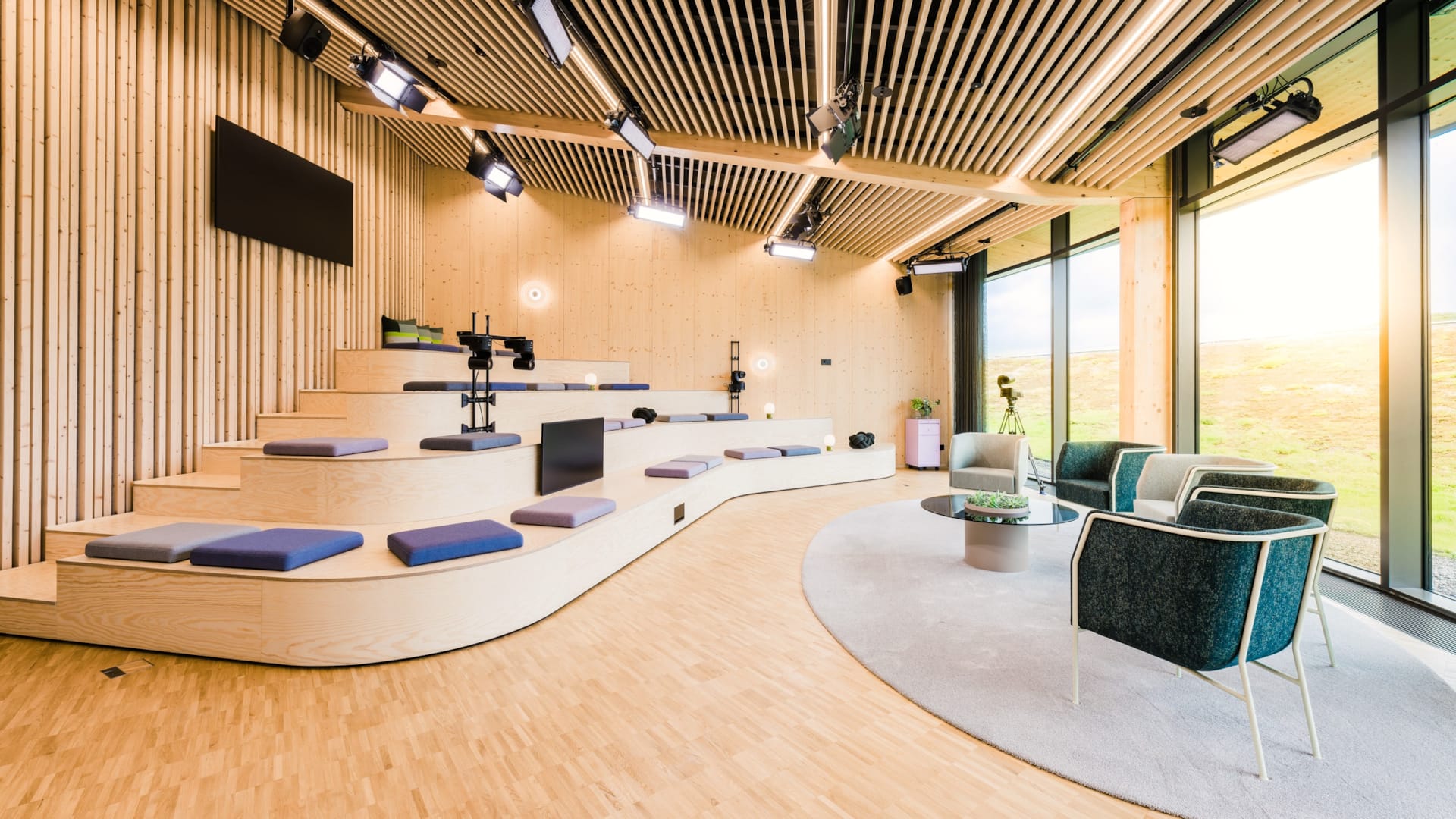 Streams conference room at World of Volvo in Gothenburg, equipped for live broadcasts and panel discussions.